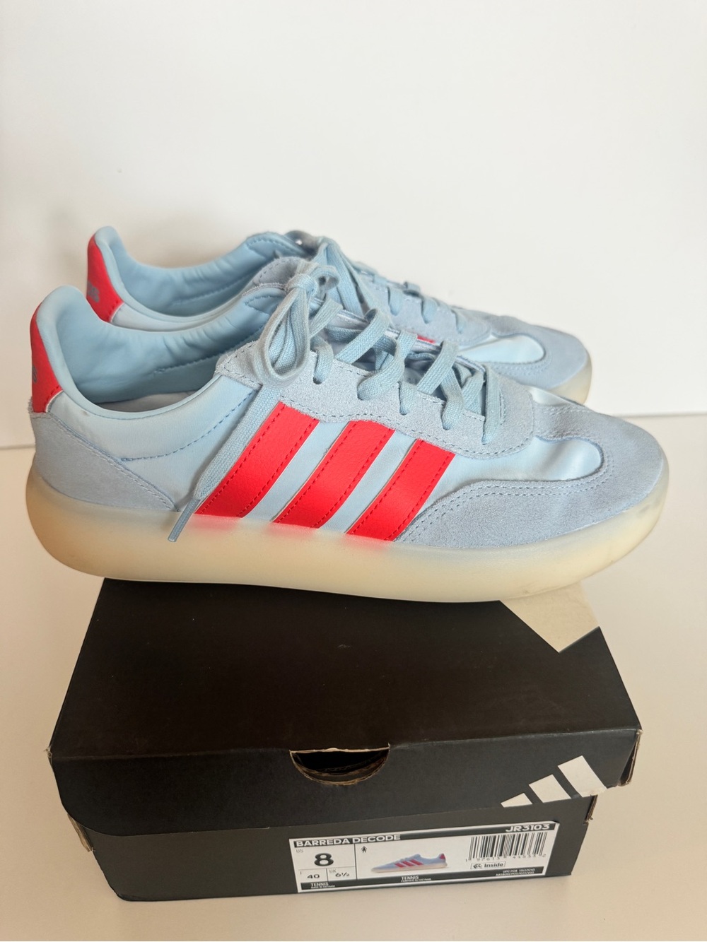 adidas Light Blue Sneakers with Bright Coral Stripes Size 8